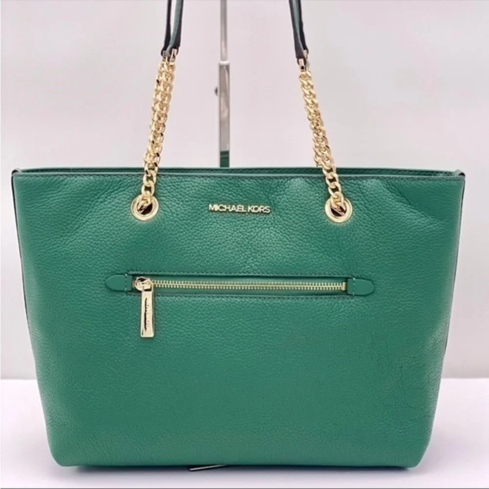 Michael Kors Medium Front Zip Chain Tote Bag Leather JEWEL GREEN